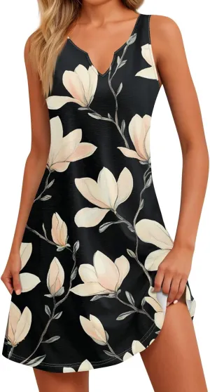 Womens Summer Dresses Casual Sleeveless Boho Beach Mini Sundress V Neck Slit Floral Printed A Line Tank Dress