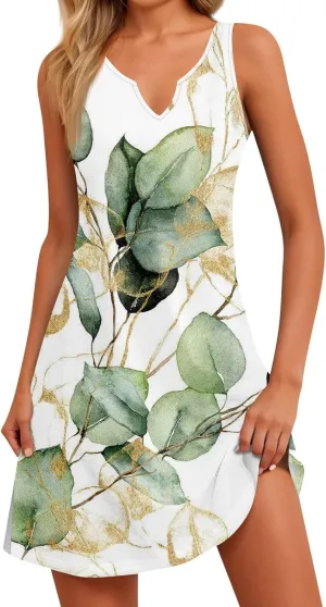 Womens Summer Dresses Casual Sleeveless Boho Beach Mini Sundress V Neck Slit Floral Printed A Line Tank Dress