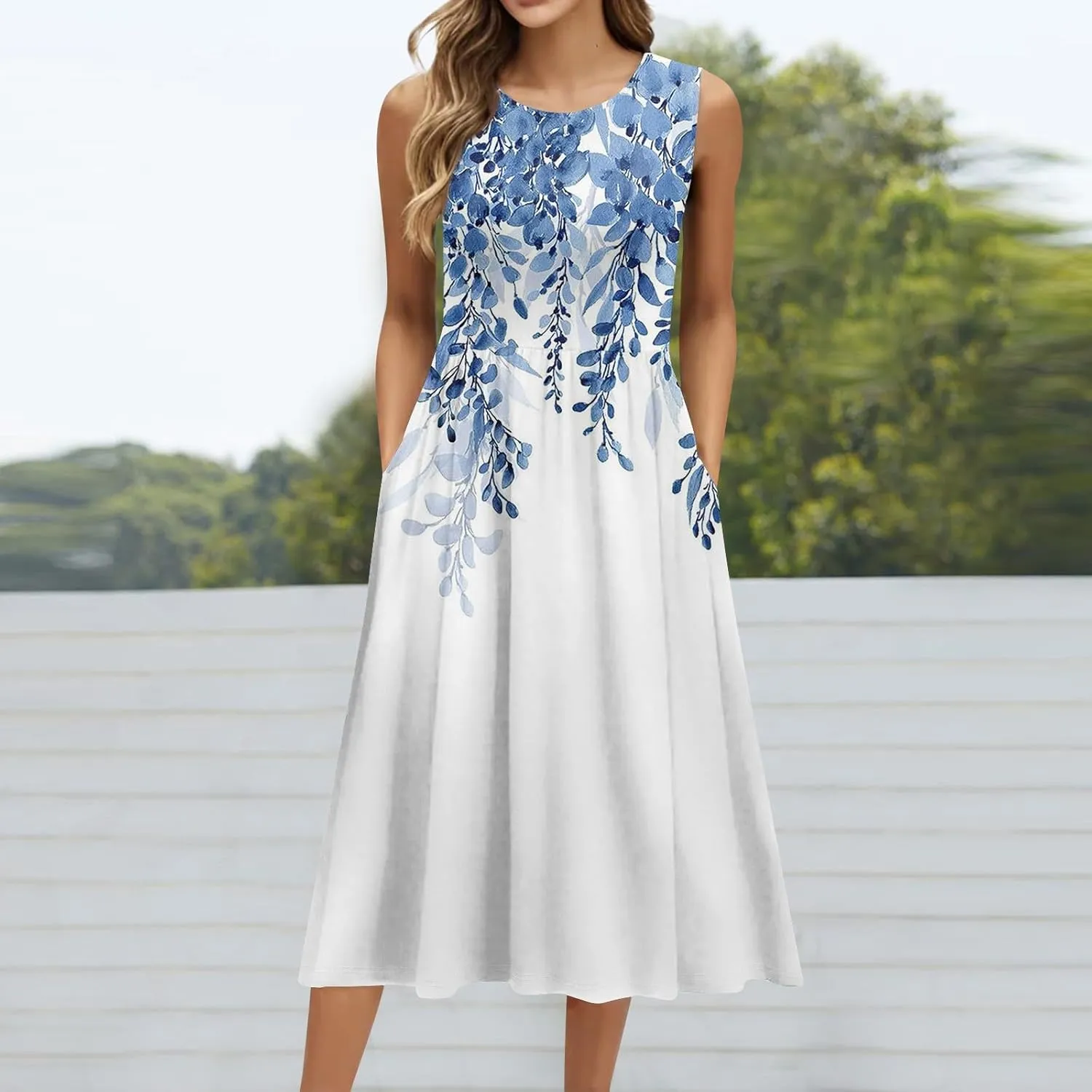 Womens Summer Dresses Loose A-Line Sundresses Flowy Beach Tshirt Tank Dresses Floral Sleeveless Mid Dress with Pockets