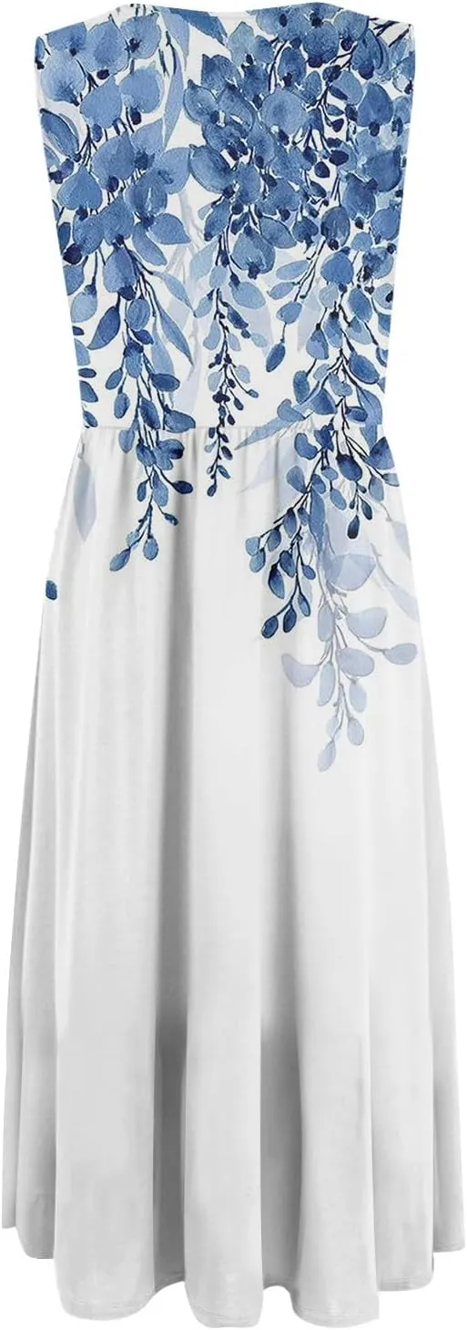 Womens Summer Dresses Loose A-Line Sundresses Flowy Beach Tshirt Tank Dresses Floral Sleeveless Mid Dress with Pockets