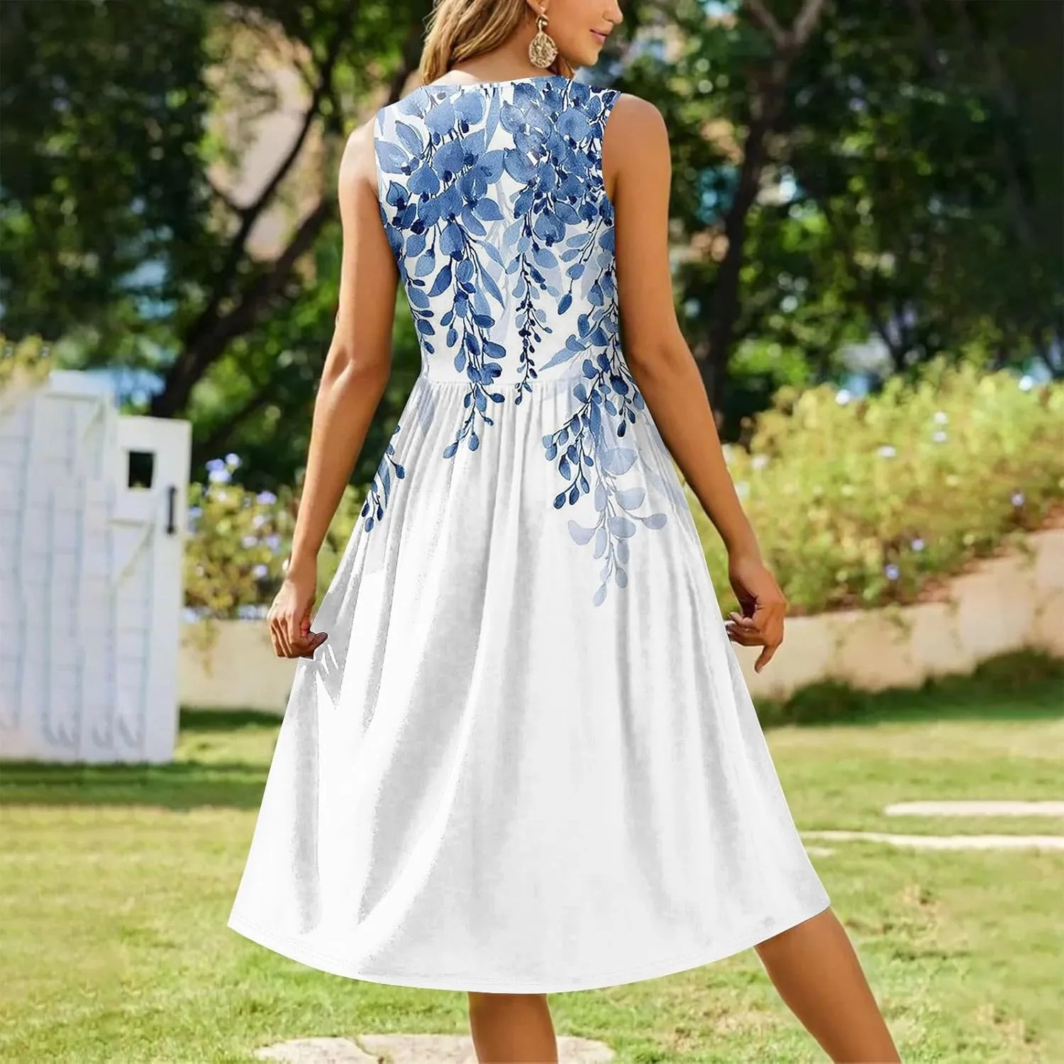 Womens Summer Dresses Loose A-Line Sundresses Flowy Beach Tshirt Tank Dresses Floral Sleeveless Mid Dress with Pockets