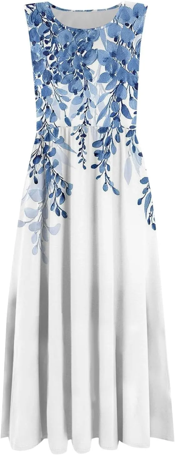 Womens Summer Dresses Loose A-Line Sundresses Flowy Beach Tshirt Tank Dresses Floral Sleeveless Mid Dress with Pockets