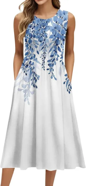 Womens Summer Dresses Loose A-Line Sundresses Flowy Beach Tshirt Tank Dresses Floral Sleeveless Mid Dress with Pockets