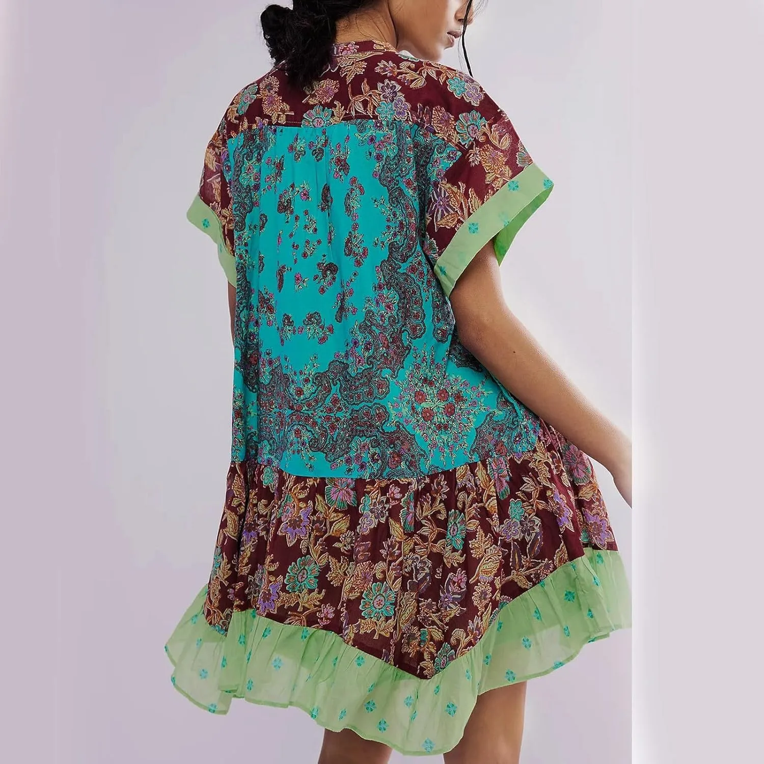 Womens Summer Dresses Short Sleeve V Neck Casual Beach Dresses Vintage Boho Dress A-Line Swing Mini Babydoll Dress
