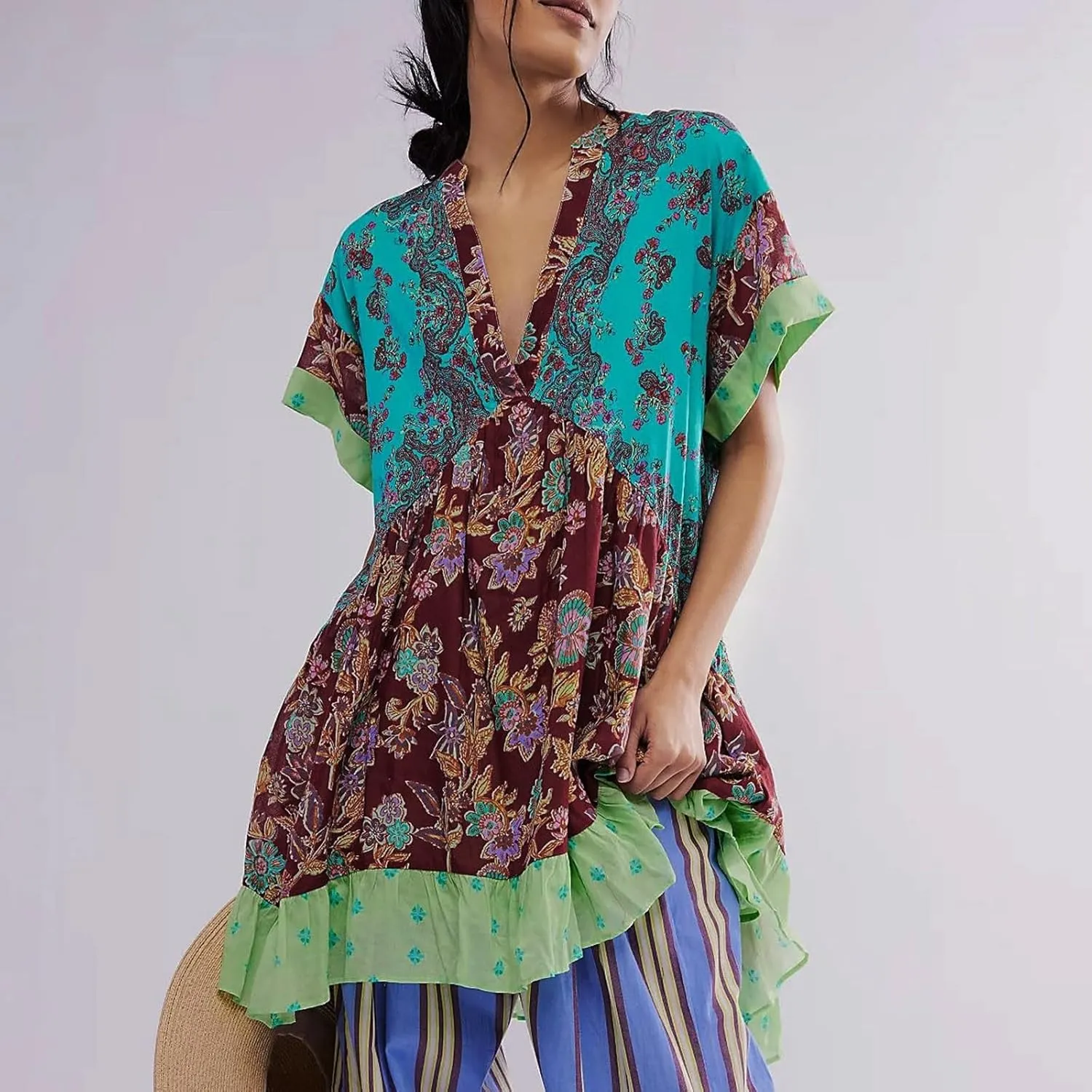 Womens Summer Dresses Short Sleeve V Neck Casual Beach Dresses Vintage Boho Dress A-Line Swing Mini Babydoll Dress