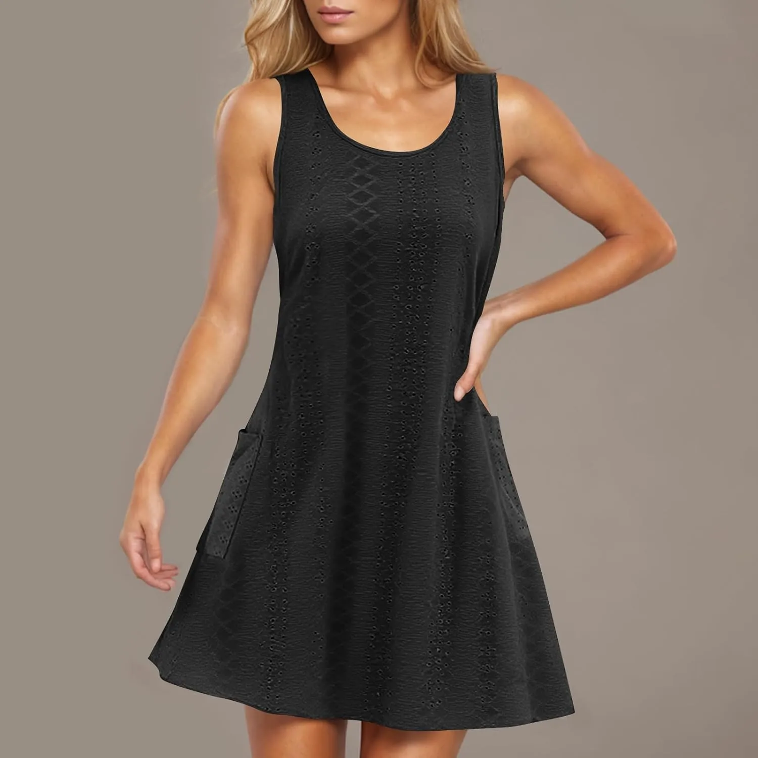 Womens Summer Eyelet Dresses 2025 Swimsuit Coverup with Pockets Casual Beach Vacation Sundresses Sleeveless Tank Dress