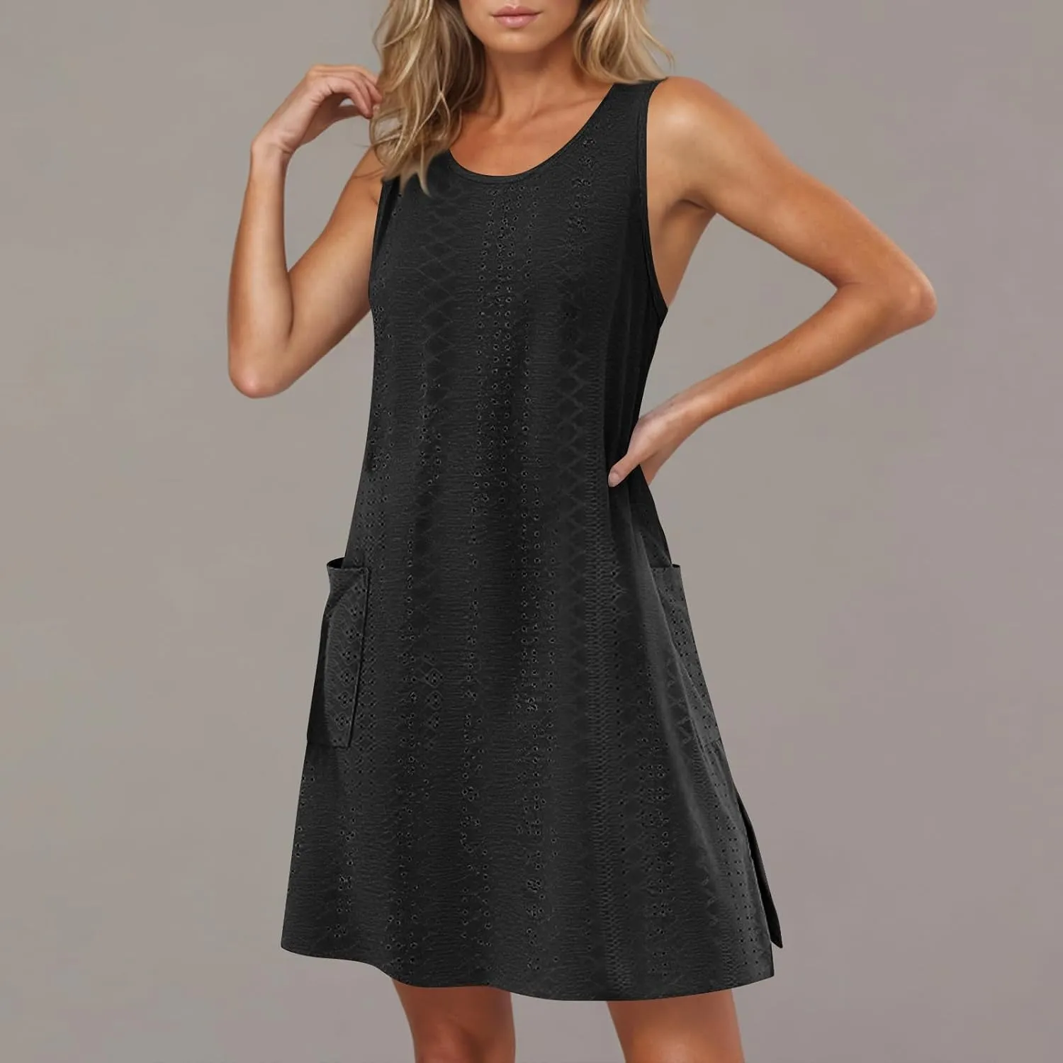 Womens Summer Eyelet Dresses 2025 Swimsuit Coverup with Pockets Casual Beach Vacation Sundresses Sleeveless Tank Dress