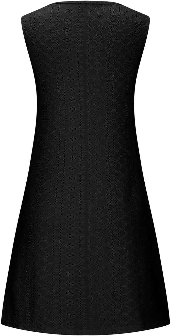 Womens Summer Eyelet Dresses 2025 Swimsuit Coverup with Pockets Casual Beach Vacation Sundresses Sleeveless Tank Dress