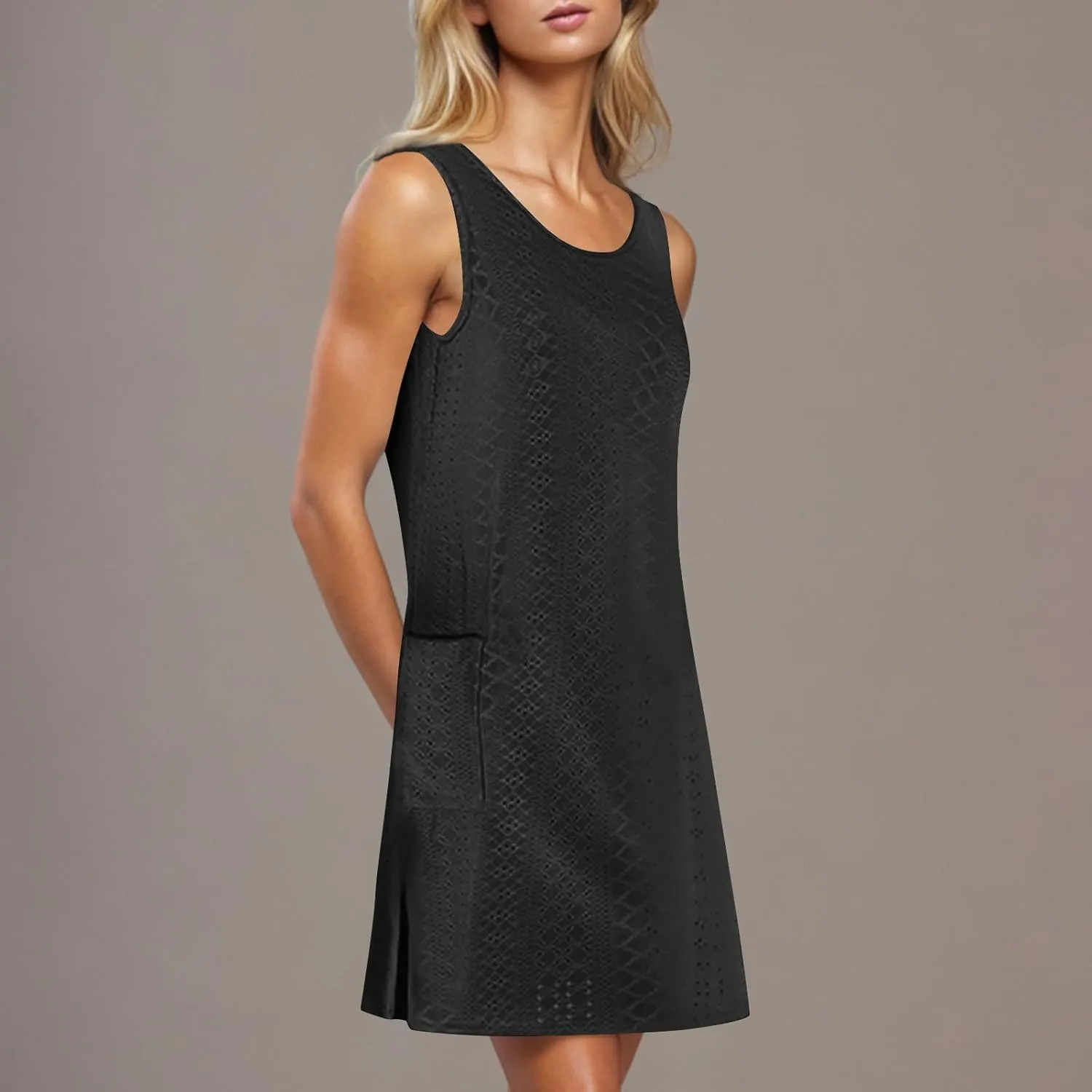 Womens Summer Eyelet Dresses 2025 Swimsuit Coverup with Pockets Casual Beach Vacation Sundresses Sleeveless Tank Dress