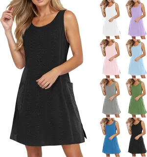 Womens Summer Eyelet Dresses 2025 Swimsuit Coverup with Pockets Casual Beach Vacation Sundresses Sleeveless Tank Dress