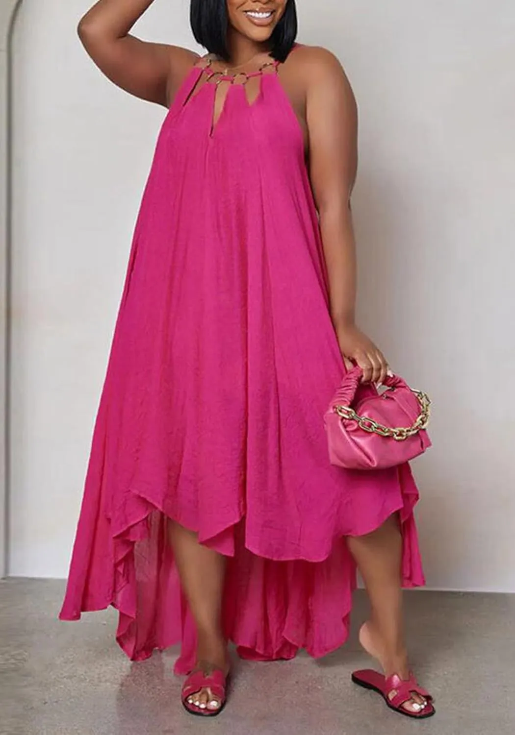 Womens Summer Halter Sleeveless Maxi Dresses Ruffle Asymmetrical Flowy Beach Sundress