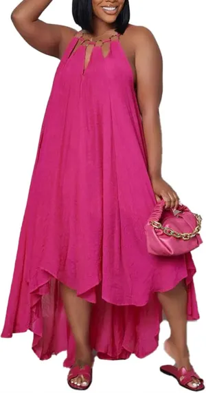 Womens Summer Halter Sleeveless Maxi Dresses Ruffle Asymmetrical Flowy Beach Sundress