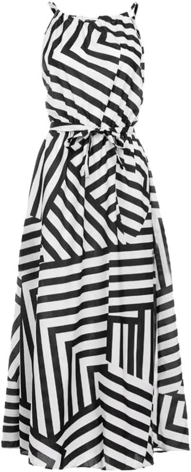 Women's Summer Maxi Sundress Classic Sleeveless Stripe Print Halter Neck Flowy Ruffle Hem Boho Long Dresses with Belt