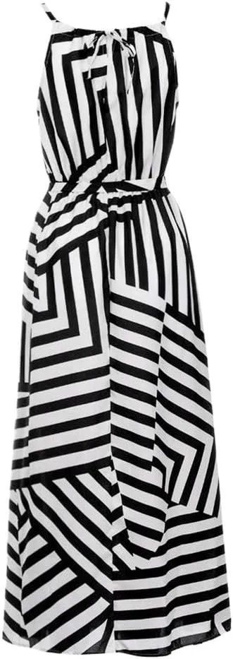 Women's Summer Maxi Sundress Classic Sleeveless Stripe Print Halter Neck Flowy Ruffle Hem Boho Long Dresses with Belt