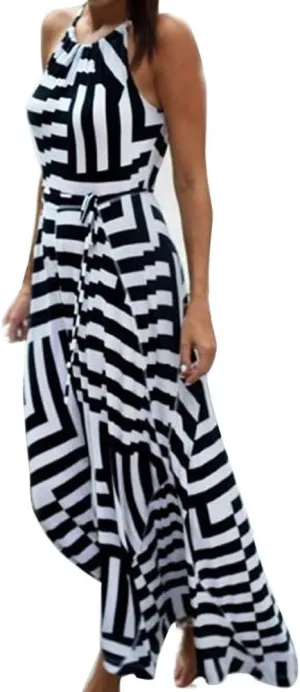 Women's Summer Maxi Sundress Classic Sleeveless Stripe Print Halter Neck Flowy Ruffle Hem Boho Long Dresses with Belt