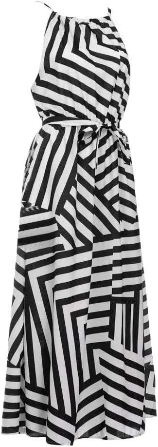 Women's Summer Maxi Sundress Classic Sleeveless Stripe Print Halter Neck Flowy Ruffle Hem Boho Long Dresses with Belt