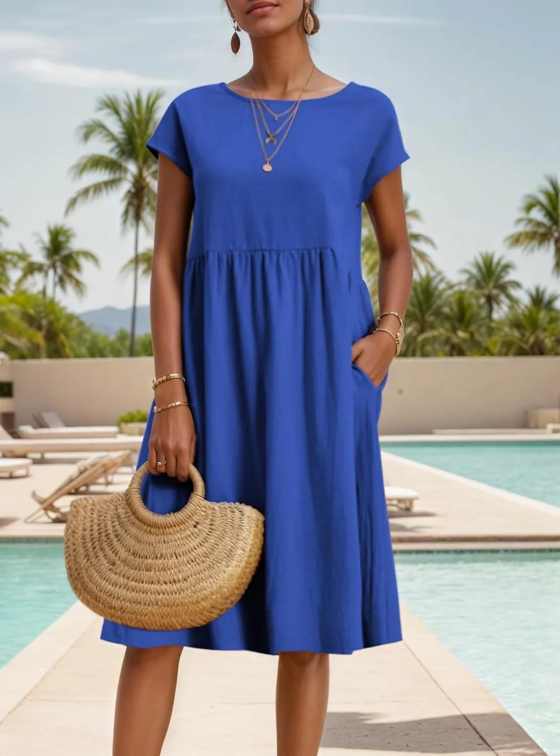 Womens Summer Midi Dresses Cap Sleeve Crew Neck T Shirt Dress Casual Loose Swing Beach Sundresses with Pockets
