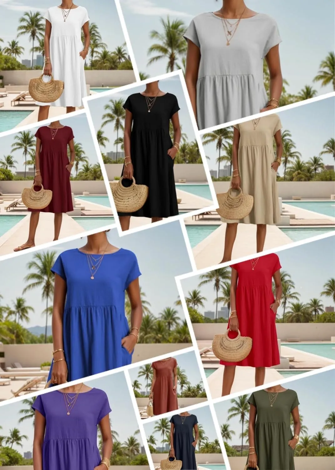 Womens Summer Midi Dresses Cap Sleeve Crew Neck T Shirt Dress Casual Loose Swing Beach Sundresses with Pockets