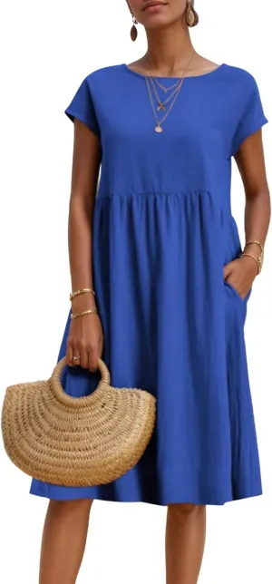 Womens Summer Midi Dresses Cap Sleeve Crew Neck T Shirt Dress Casual Loose Swing Beach Sundresses with Pockets