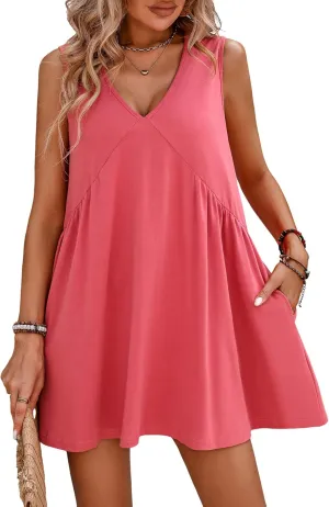 Womens Summer Sleeveless Mini Dress Casual Loose V Neck Pleated Flowy Babydoll Beach Sundress with Pockets
