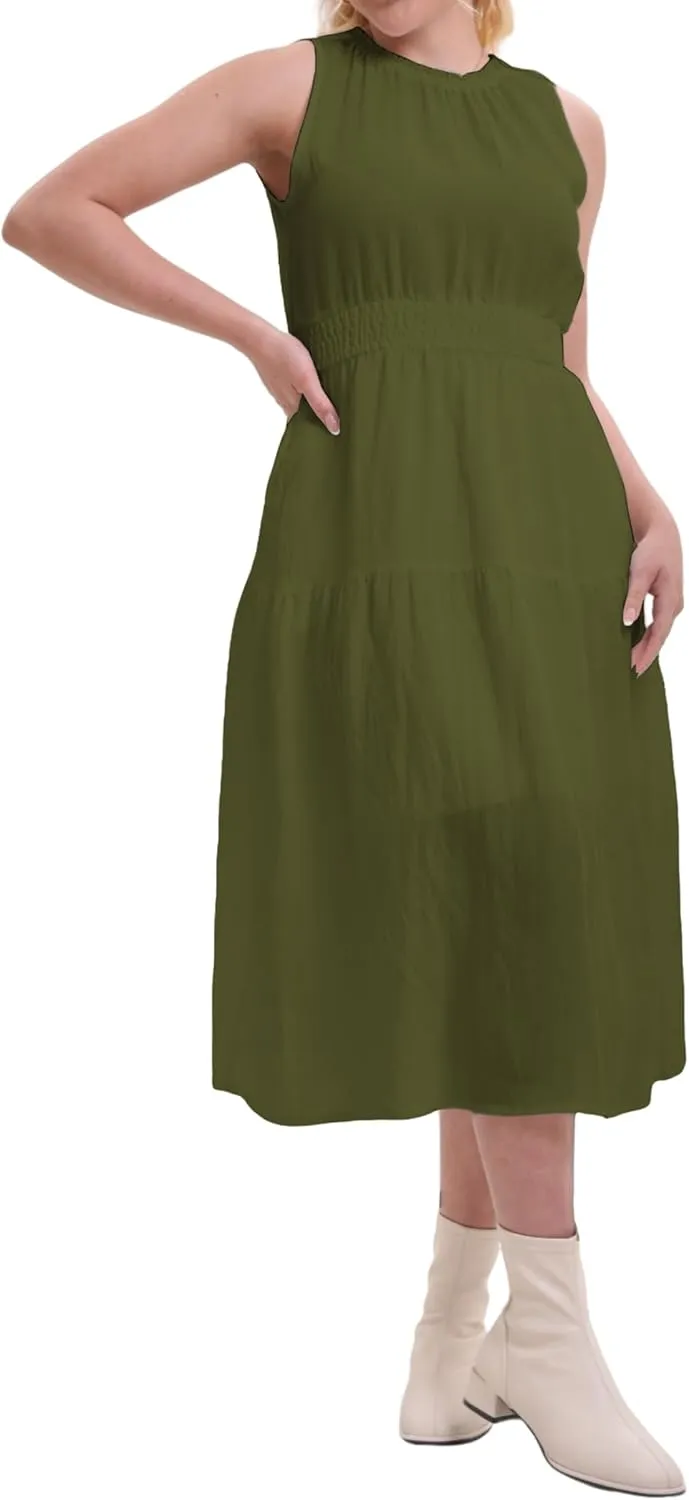 Women's Summer Sleeveless Mock Neck Ruched Tank Midi Dress Slim Casual Fit Vacation Dress 2025