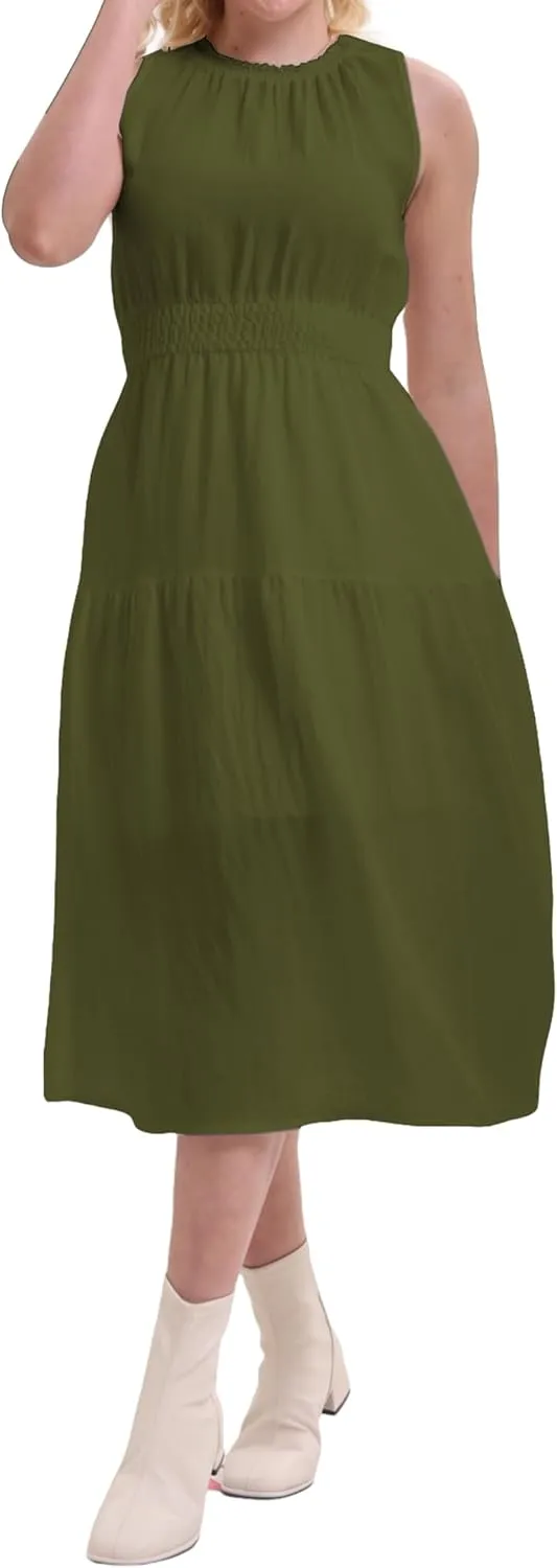 Women's Summer Sleeveless Mock Neck Ruched Tank Midi Dress Slim Casual Fit Vacation Dress 2025