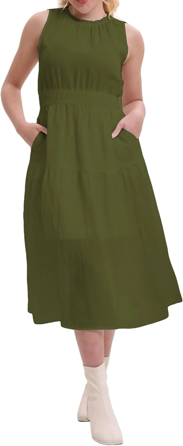Women's Summer Sleeveless Mock Neck Ruched Tank Midi Dress Slim Casual Fit Vacation Dress 2025