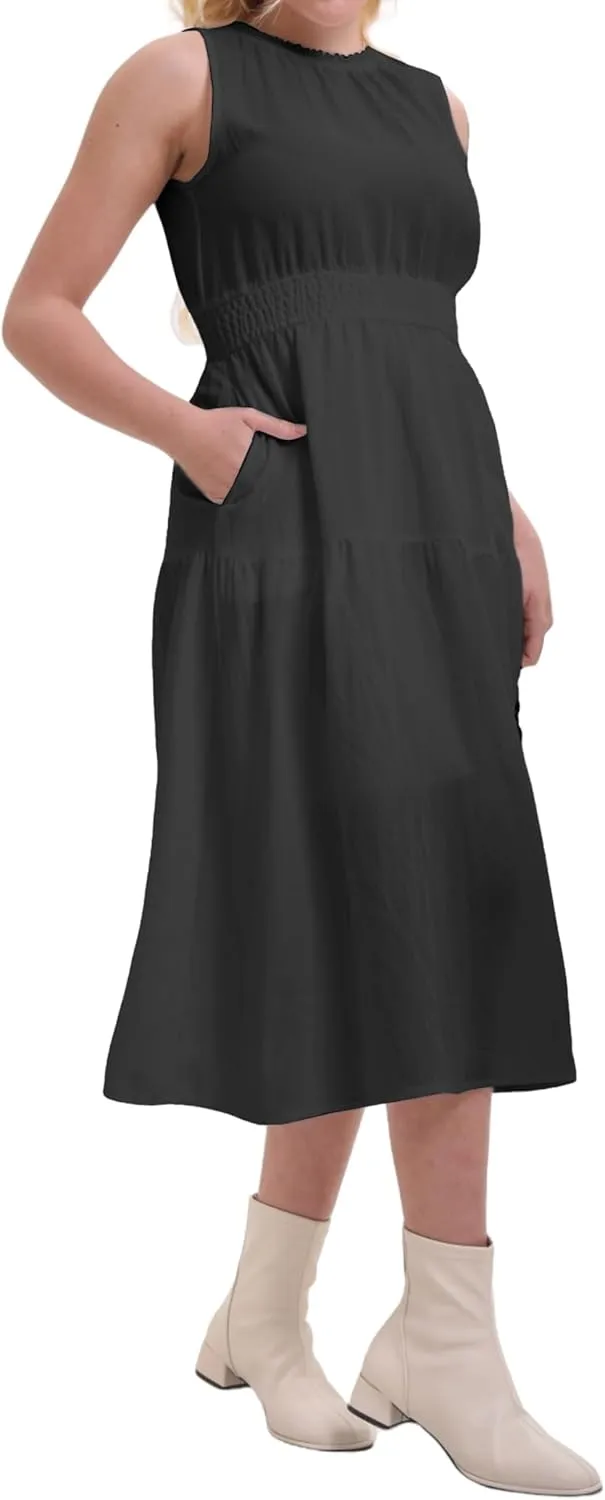 Women's Summer Sleeveless Mock Neck Ruched Tank Midi Dress Slim Casual Fit Vacation Dress 2025