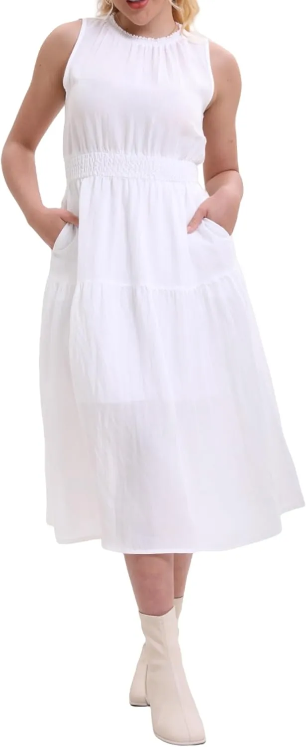 Women's Summer Sleeveless Mock Neck Ruched Tank Midi Dress Slim Casual Fit Vacation Dress 2025