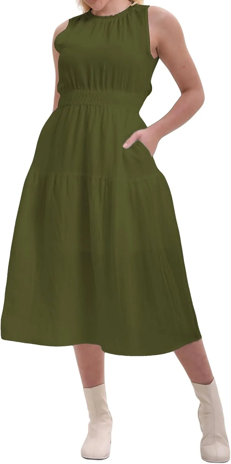 Women's Summer Sleeveless Mock Neck Ruched Tank Midi Dress Slim Casual Fit Vacation Dress 2025