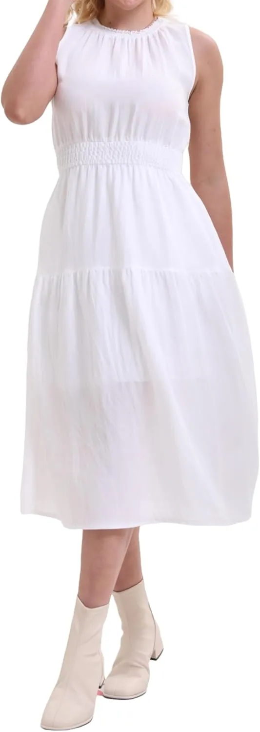 Women's Summer Sleeveless Mock Neck Ruched Tank Midi Dress Slim Casual Fit Vacation Dress 2025