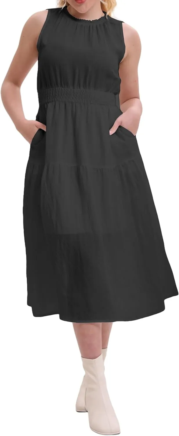 Women's Summer Sleeveless Mock Neck Ruched Tank Midi Dress Slim Casual Fit Vacation Dress 2025