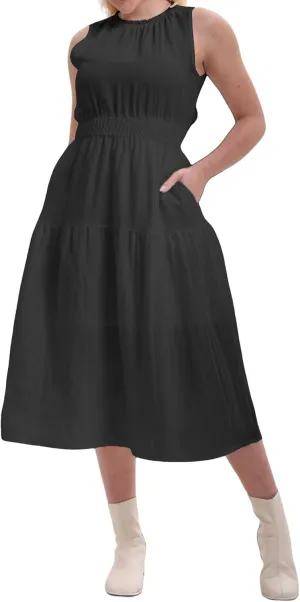 Women's Summer Sleeveless Mock Neck Ruched Tank Midi Dress Slim Casual Fit Vacation Dress 2025