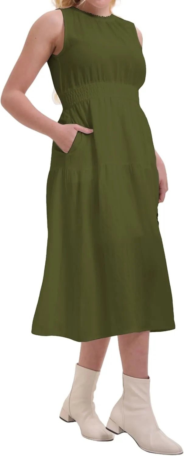 Women's Summer Sleeveless Mock Neck Ruched Tank Midi Dress Slim Casual Fit Vacation Dress 2025