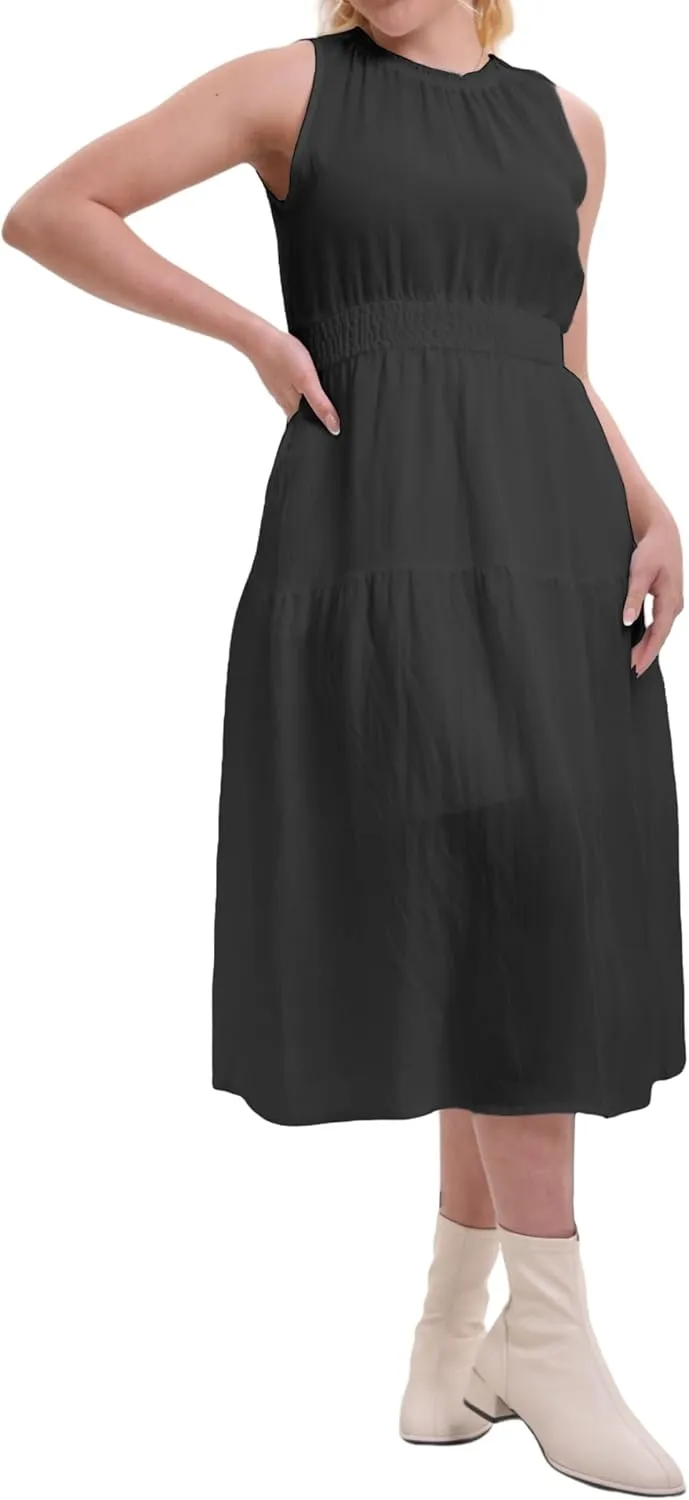 Women's Summer Sleeveless Mock Neck Ruched Tank Midi Dress Slim Casual Fit Vacation Dress 2025