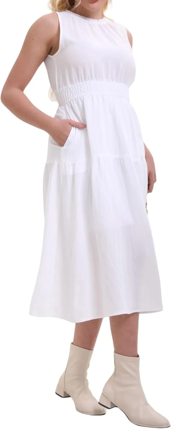 Women's Summer Sleeveless Mock Neck Ruched Tank Midi Dress Slim Casual Fit Vacation Dress 2025