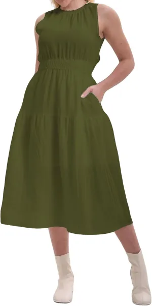 Women's Summer Sleeveless Mock Neck Ruched Tank Midi Dress Slim Casual Fit Vacation Dress 2025