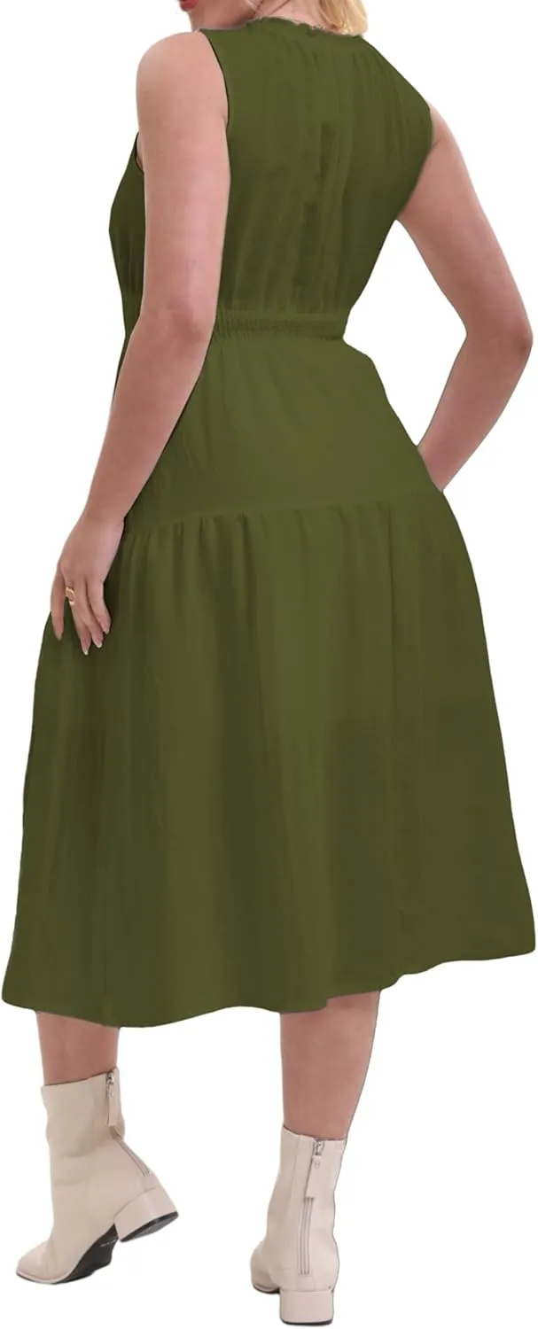 Women's Summer Sleeveless Mock Neck Ruched Tank Midi Dress Slim Casual Fit Vacation Dress 2025