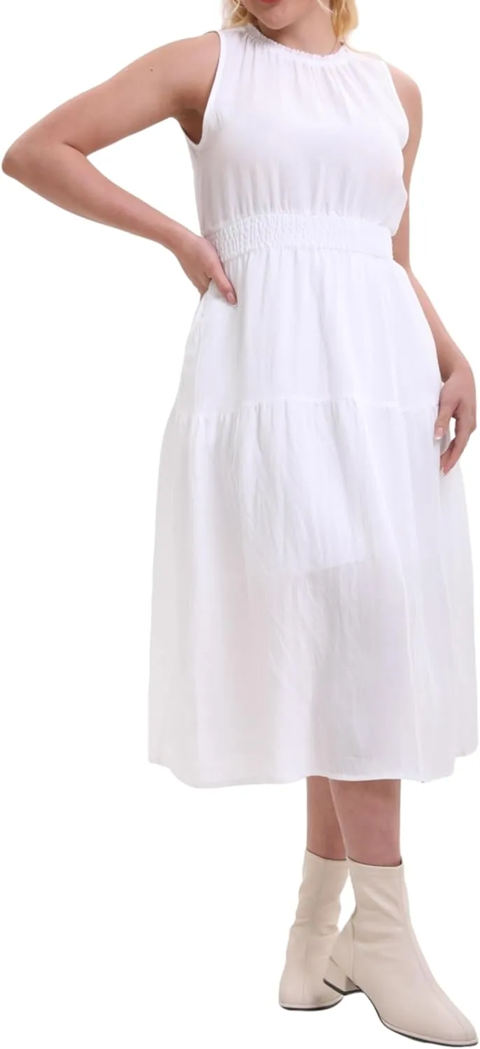Women's Summer Sleeveless Mock Neck Ruched Tank Midi Dress Slim Casual Fit Vacation Dress 2025