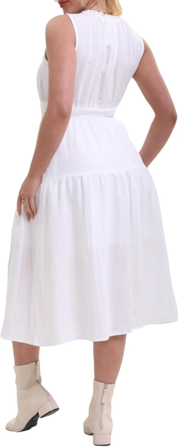 Women's Summer Sleeveless Mock Neck Ruched Tank Midi Dress Slim Casual Fit Vacation Dress 2025