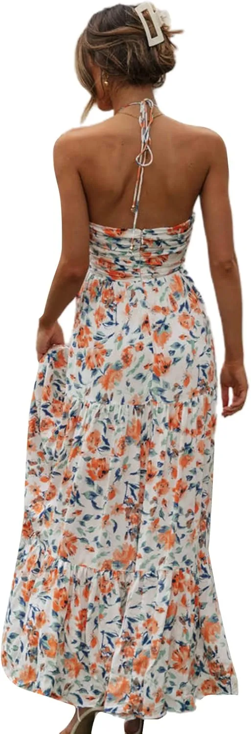 Womens Summer Spaghetti Strap Y2k Boho Maxi Dress Backless Floral Long Dress Casual Flowy Beach Sundress