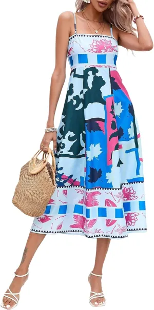 Womens Summer Spaghetti Strap Y2k Boho Maxi Dress Backless Floral Long Dress Casual Flowy Beach Sundress