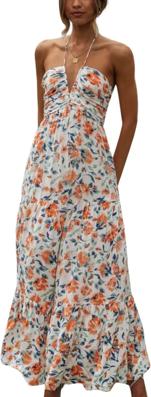 Womens Summer Spaghetti Strap Y2k Boho Maxi Dress Backless Floral Long Dress Casual Flowy Beach Sundress