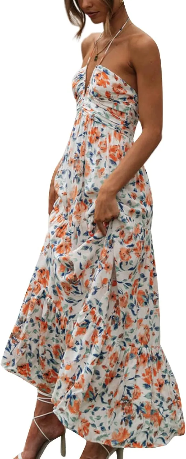 Womens Summer Spaghetti Strap Y2k Boho Maxi Dress Backless Floral Long Dress Casual Flowy Beach Sundress