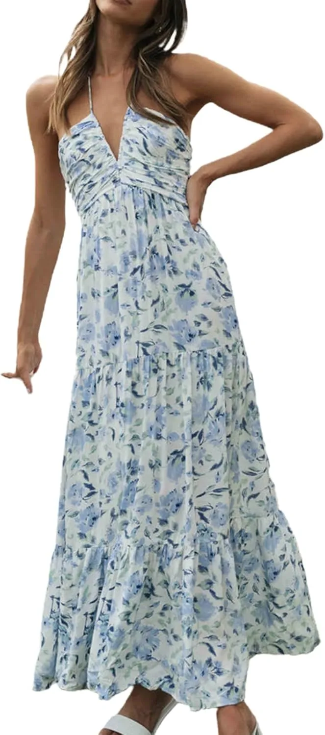 Womens Summer Spaghetti Strap Y2k Boho Maxi Dress Backless Floral Long Dress Casual Flowy Beach Sundress