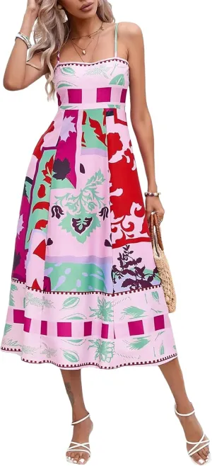 Womens Summer Spaghetti Strap Y2k Boho Maxi Dress Backless Floral Long Dress Casual Flowy Beach Sundress