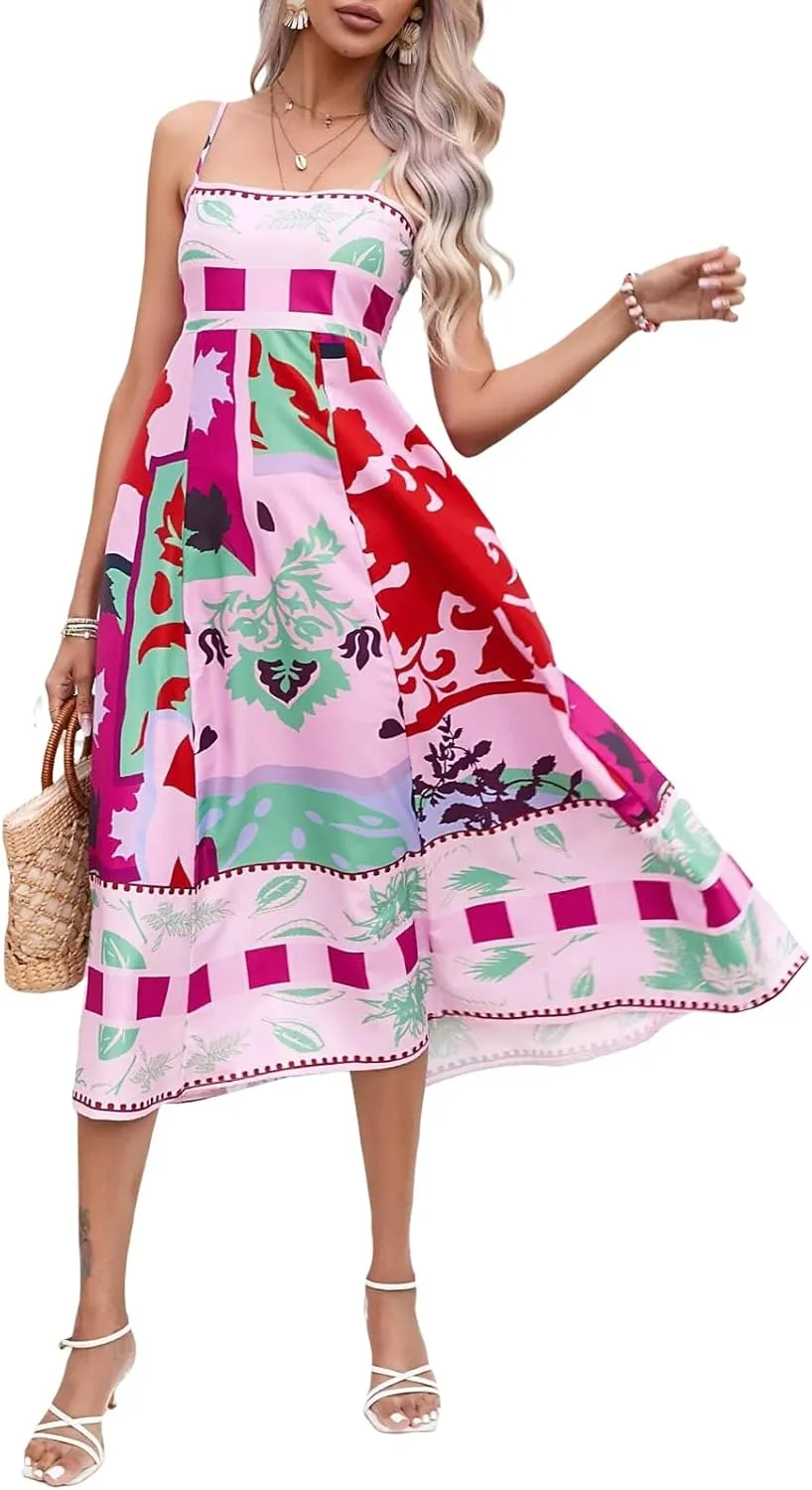 Womens Summer Spaghetti Strap Y2k Boho Maxi Dress Backless Floral Long Dress Casual Flowy Beach Sundress