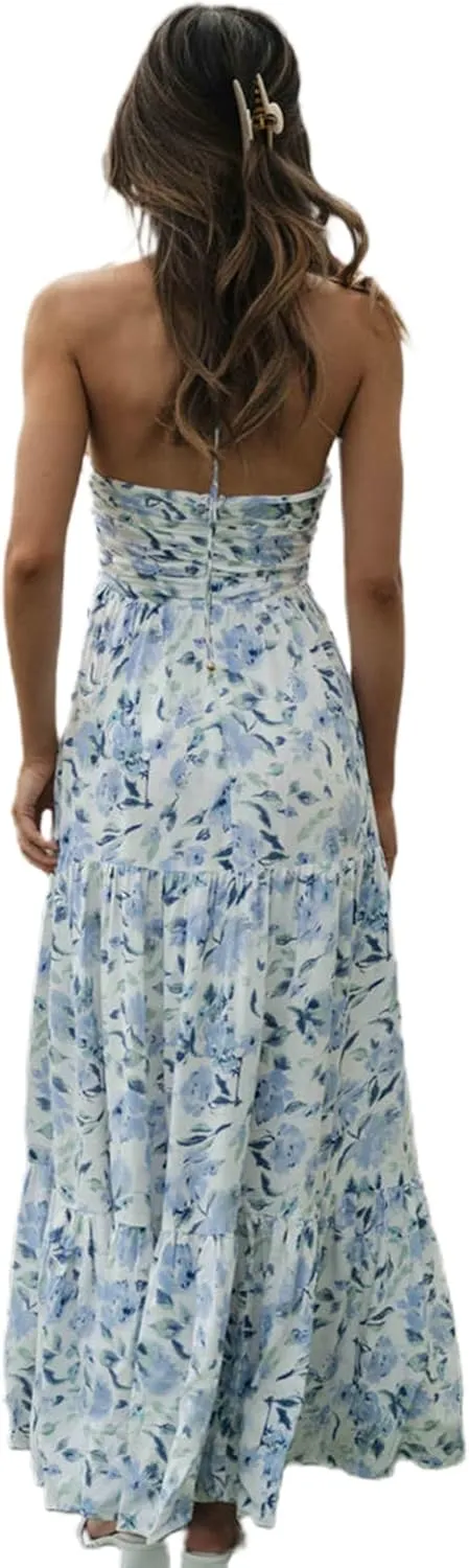 Womens Summer Spaghetti Strap Y2k Boho Maxi Dress Backless Floral Long Dress Casual Flowy Beach Sundress