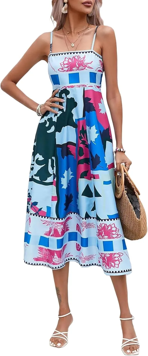 Womens Summer Spaghetti Strap Y2k Boho Maxi Dress Backless Floral Long Dress Casual Flowy Beach Sundress