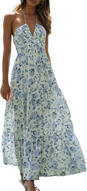 Womens Summer Spaghetti Strap Y2k Boho Maxi Dress Backless Floral Long Dress Casual Flowy Beach Sundress